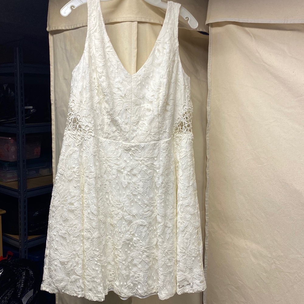 David’s bridal white lace dress with open hip cutouts